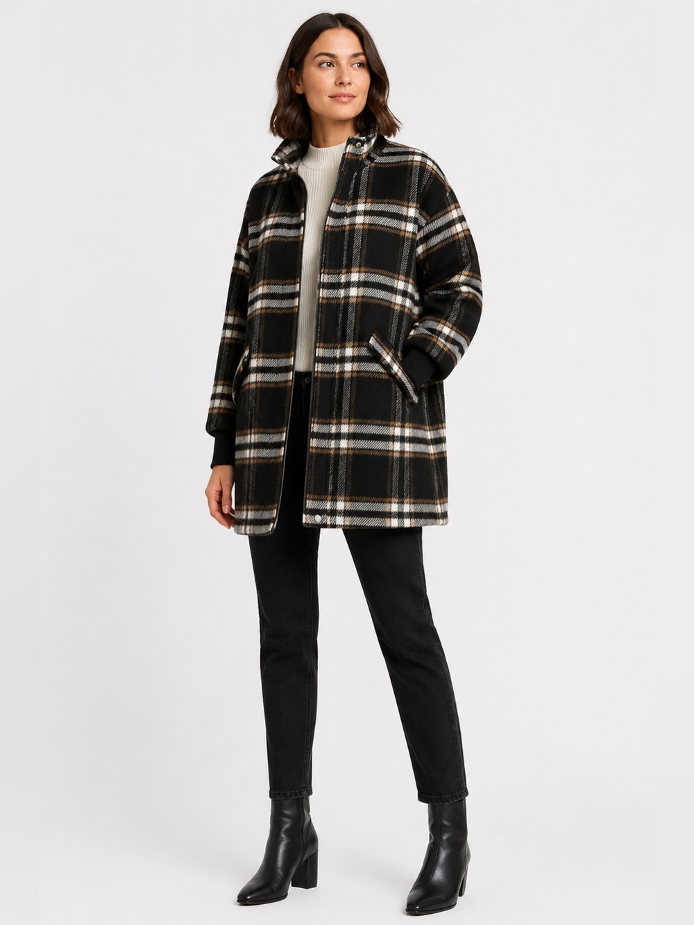 BB Dakota by Steve Madden Plaid Times Coat Black Cream Brown Size Large